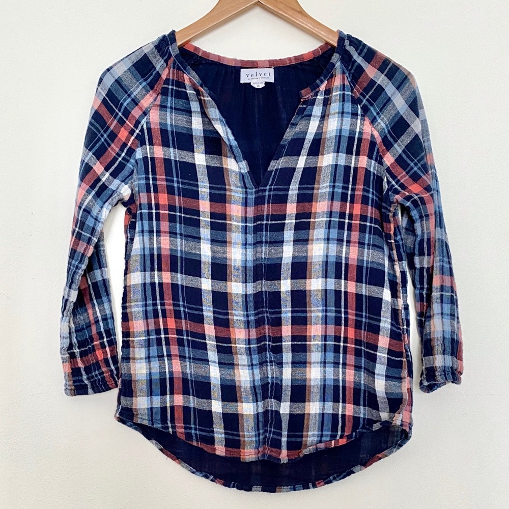 Velvet - Plaid Split Neck Cotton Popover